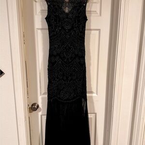 Elegant Navy Blue Beaded and Mesh Evening Gown